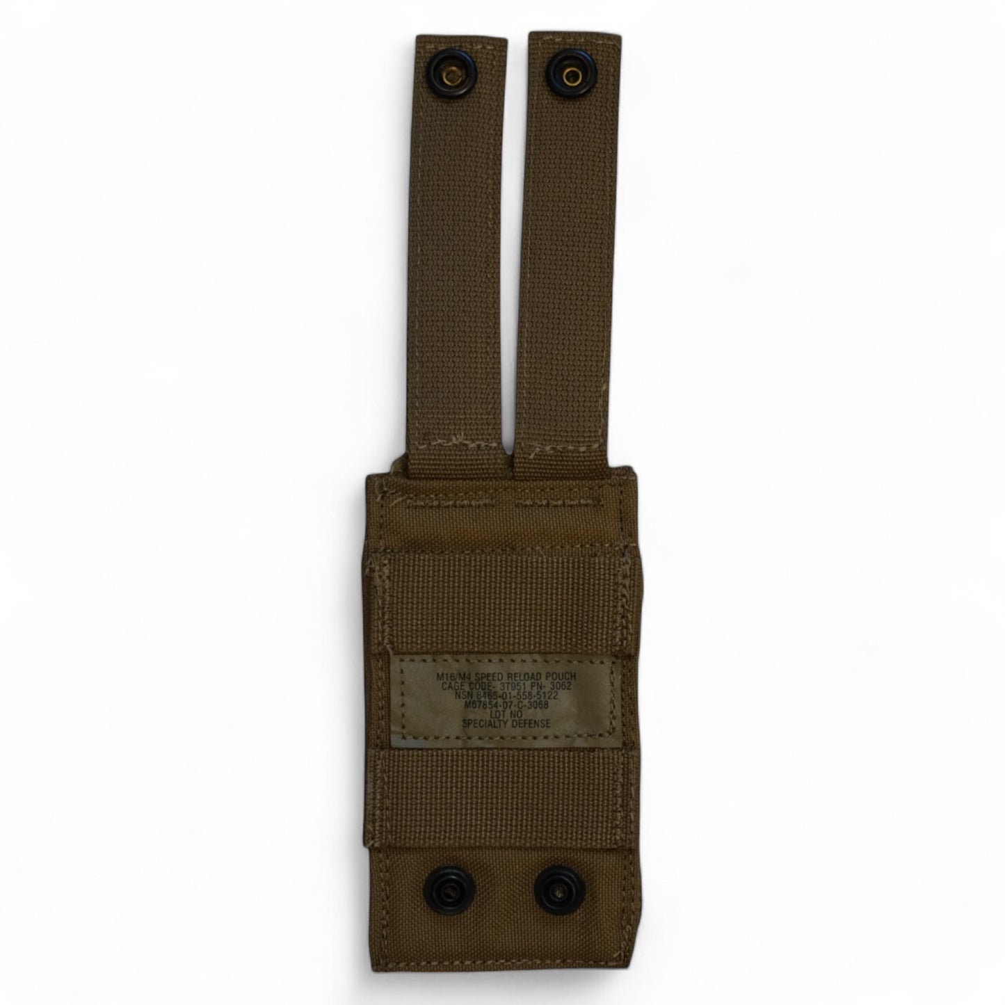 Back view of the M16/M4 Speed Reload Pouch in coyote brown, showcasing dual snap-button straps for secure attachment to MOLLE systems and durable construction for tactical use.