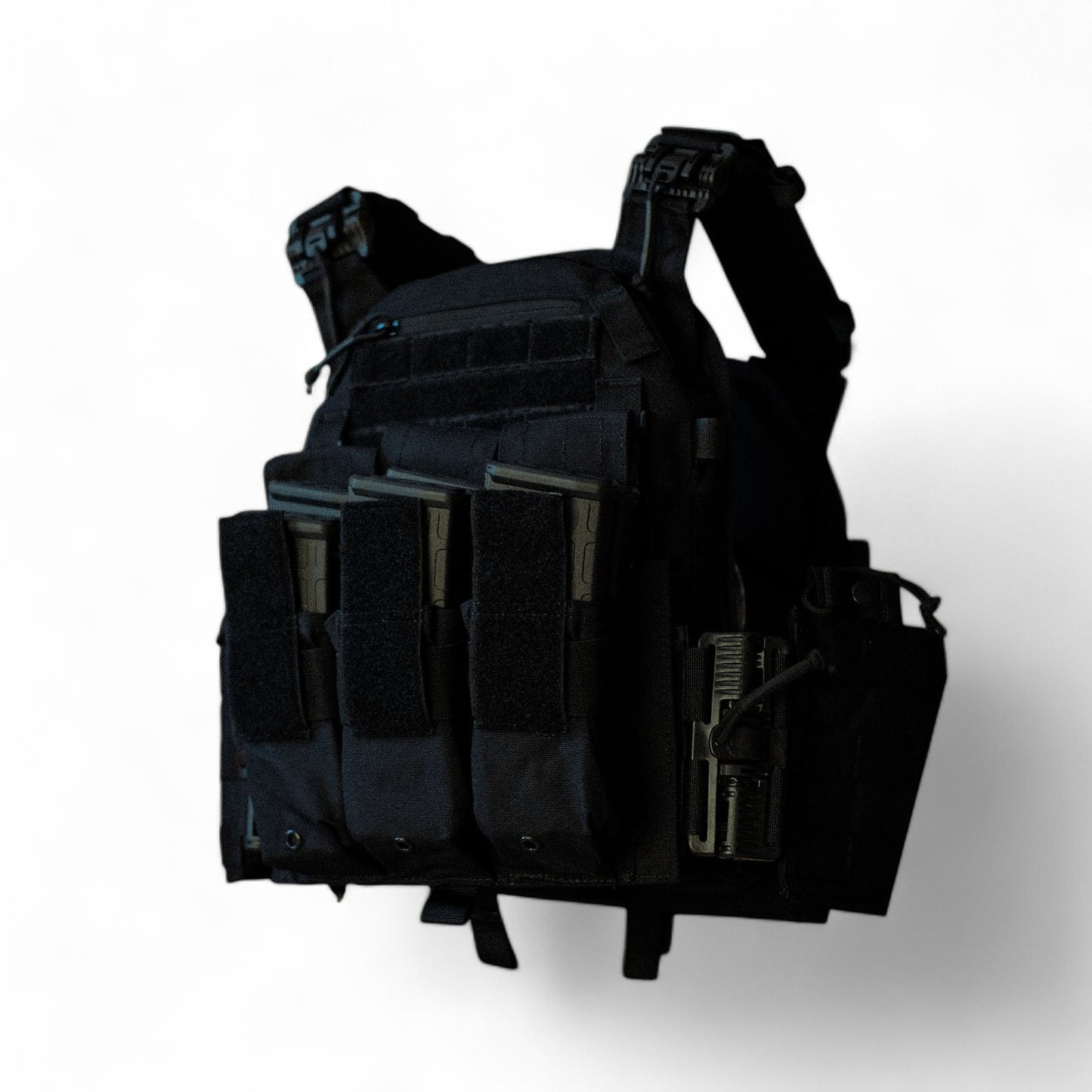 RED OpTec AMPC: Advanced Modular Plate Carrier in black, featuring a front panel with triple mag pouches opened, MOLLE webbing for modular attachments, quick-release buckles, and side-mounted utility storage.