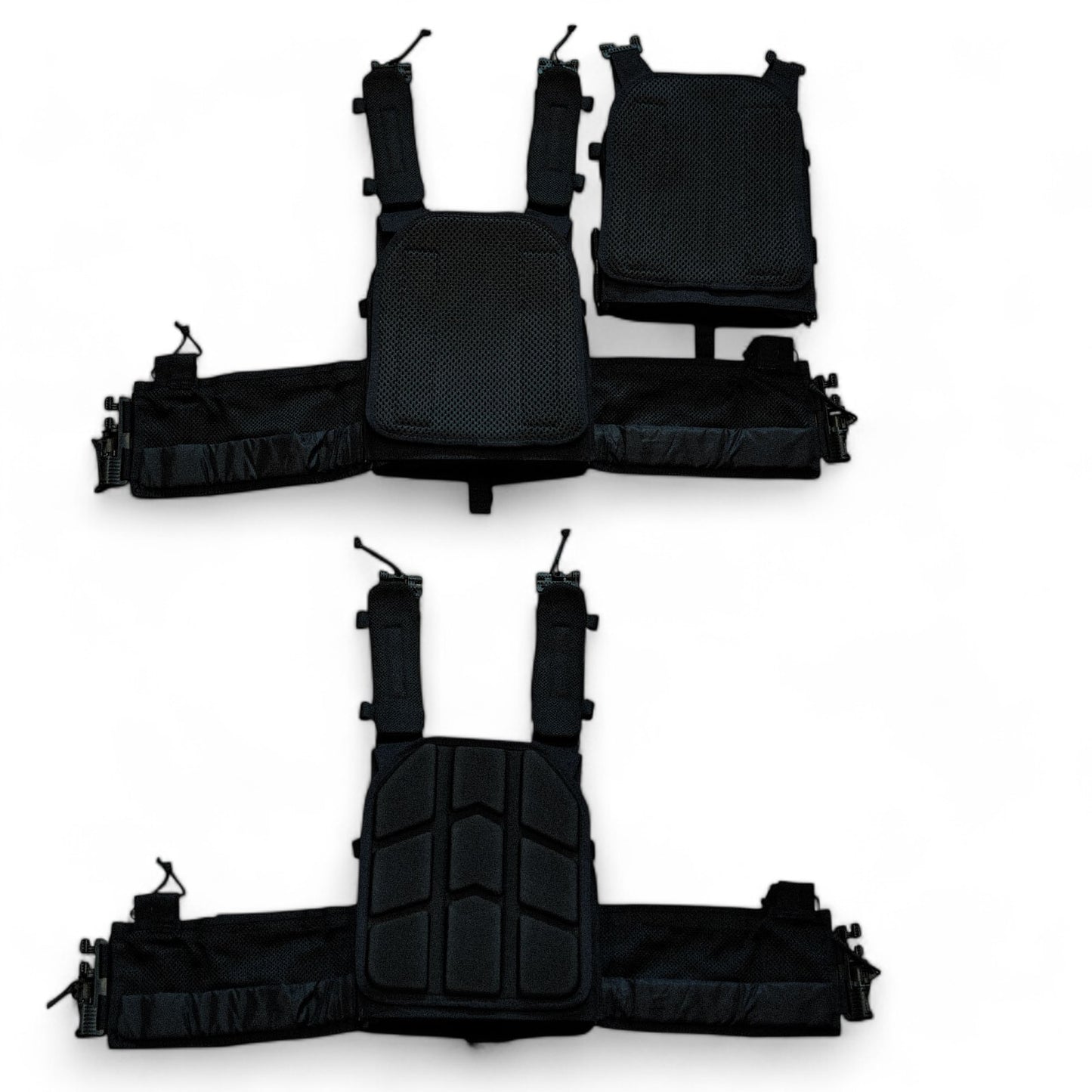 RED OpTec AMPC: Advanced Modular Plate Carrier shown in disassembled configuration, highlighting the cummerbund system, modular and customizable design, and interchangeable padding options, including Advanced Slotted Foam Pads and Low Profile Mesh for enhanced comfort and adaptability.