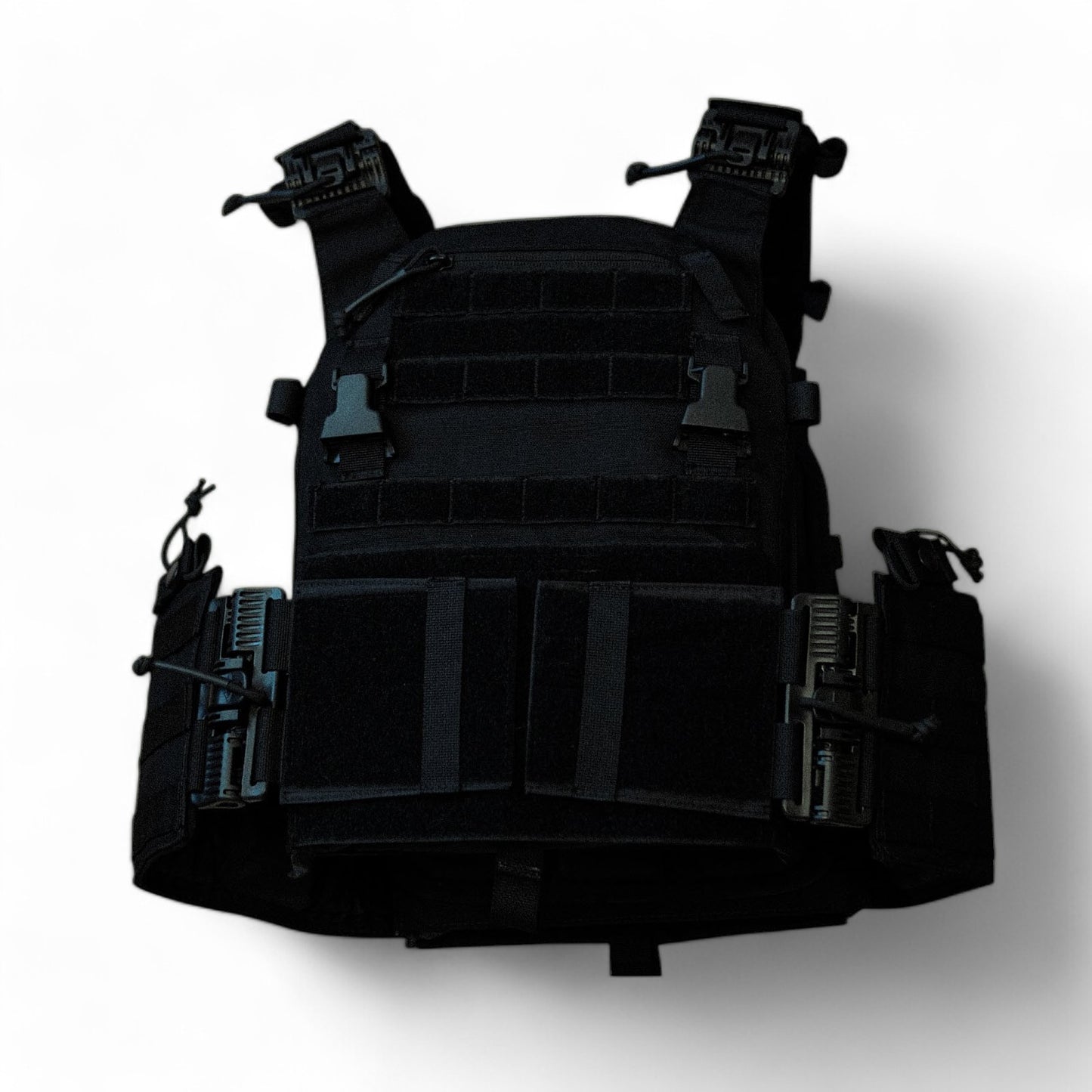 RED OpTec AMPC: Advanced Modular Plate Carrier in black with the front panel removed, revealing front cummerbund adjustments and multi-compatibility with other placard systems, along with MOLLE webbing for modular attachments, quick-release buckles, and side-mounted utility storage.