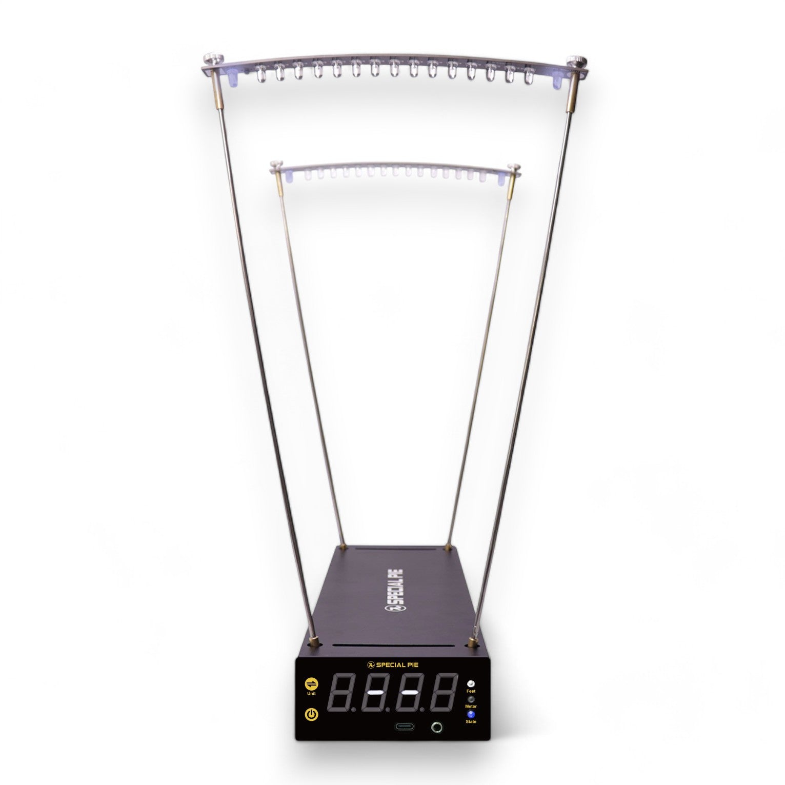 Special Pie SC9 Shooting Chronograph featuring a dual light gate system with sturdy metal rods, a black digital base unit with control buttons, and a blank LED display for timing and velocity measurements.