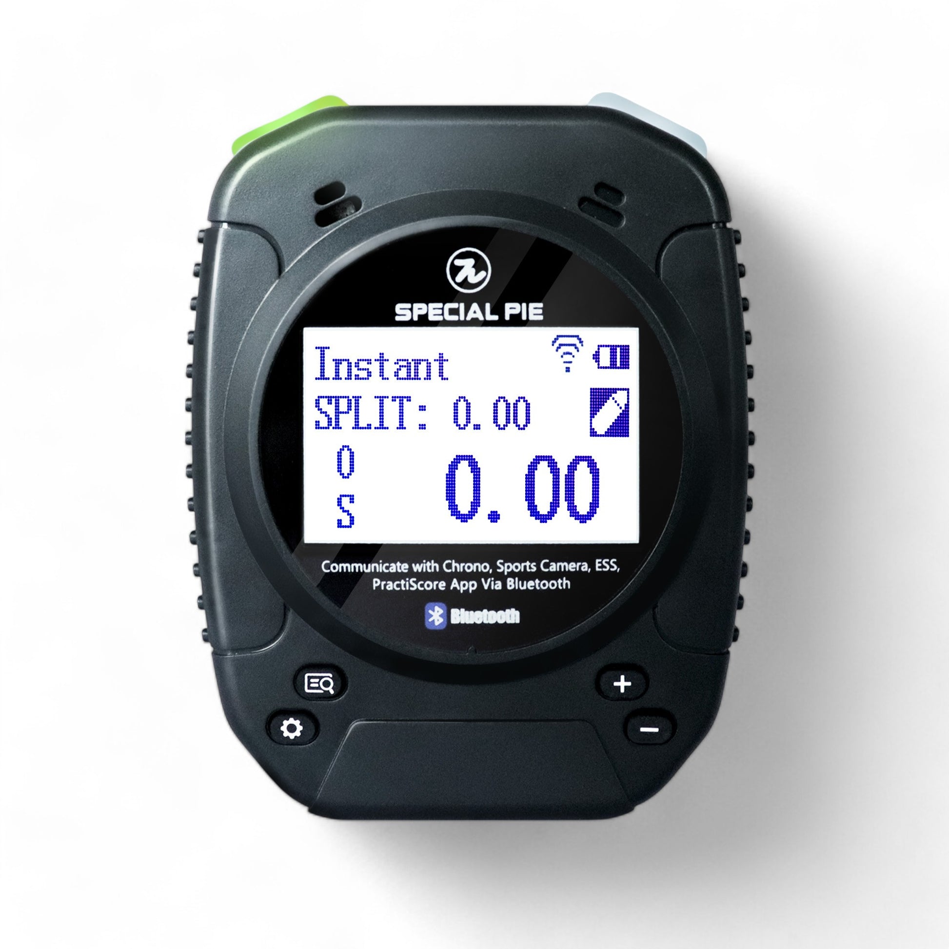 Special Pie Technology M1A2-W+ Firearm Shot Timer in Black color, featuring a digital display showing split and total time, with Bluetooth connectivity and control buttons for shooting practice and competition use