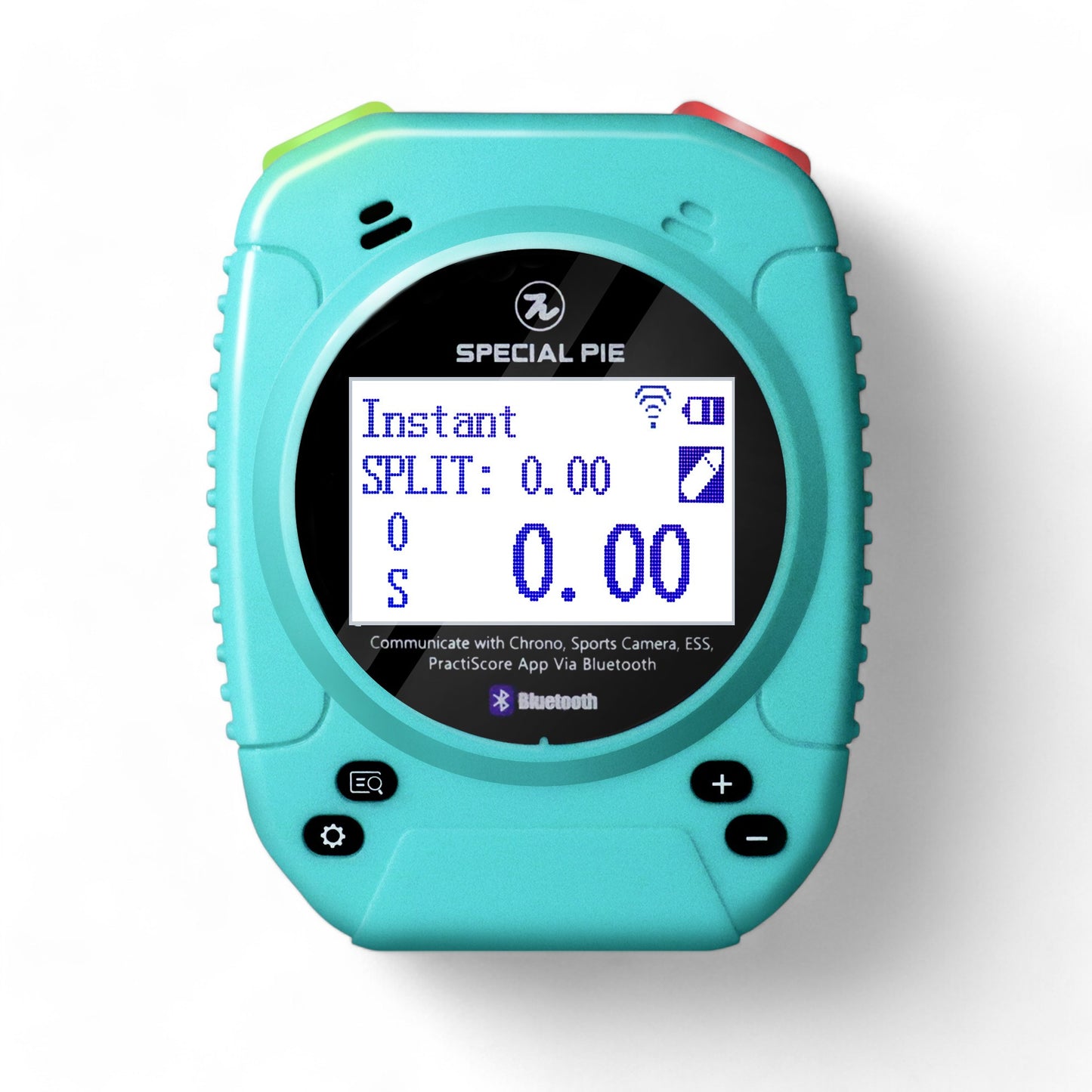 Special Pie Technology M1A2-W+ Firearm Shot Timer in Blue color, featuring a digital display showing split and total time, with Bluetooth connectivity and control buttons for shooting practice and competition use