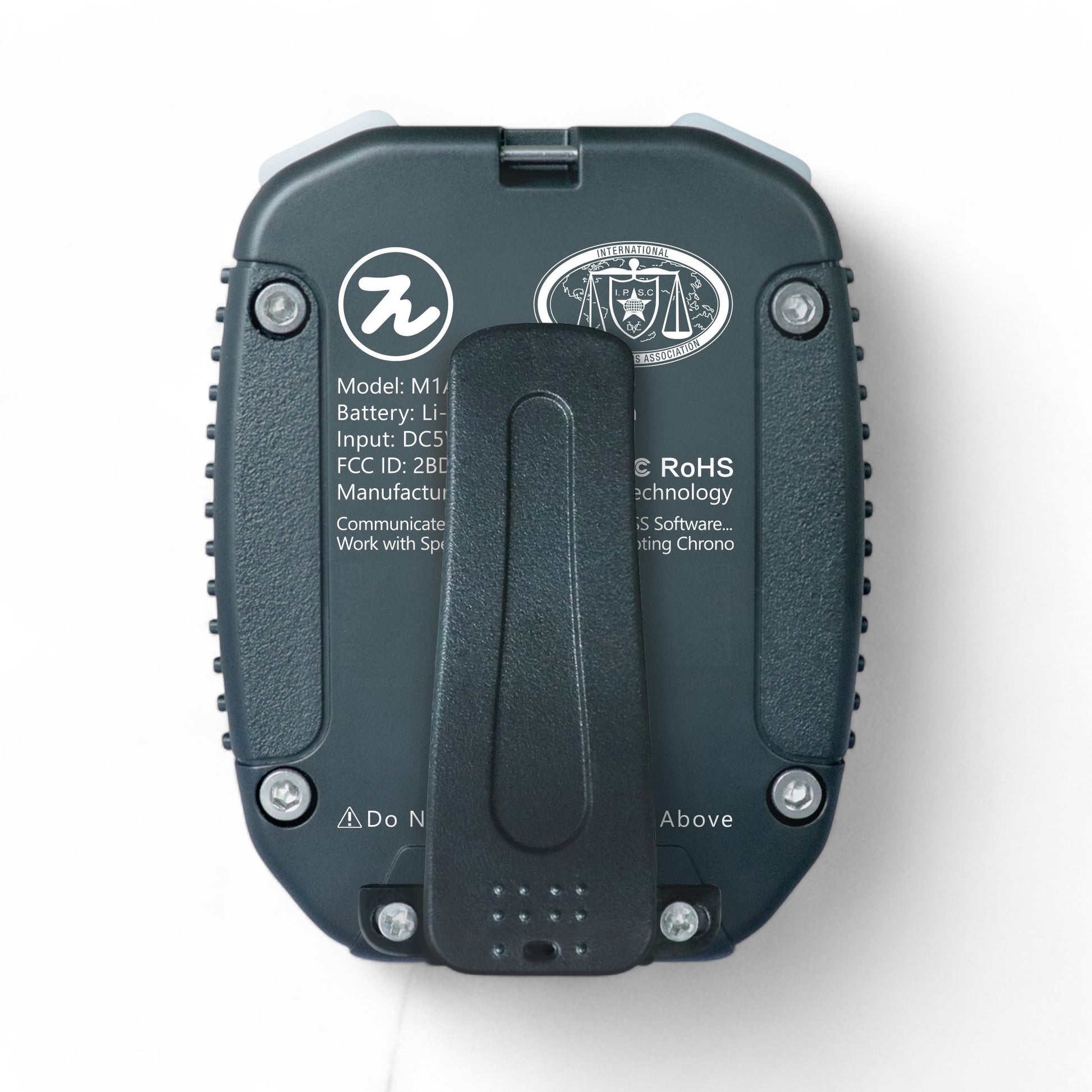 Back view of the Special Pie M1A2-W+ Firearm Shot Timer in black, showing the belt clip, product specifications, and certification logos, including IPSC and RoHS compliance.