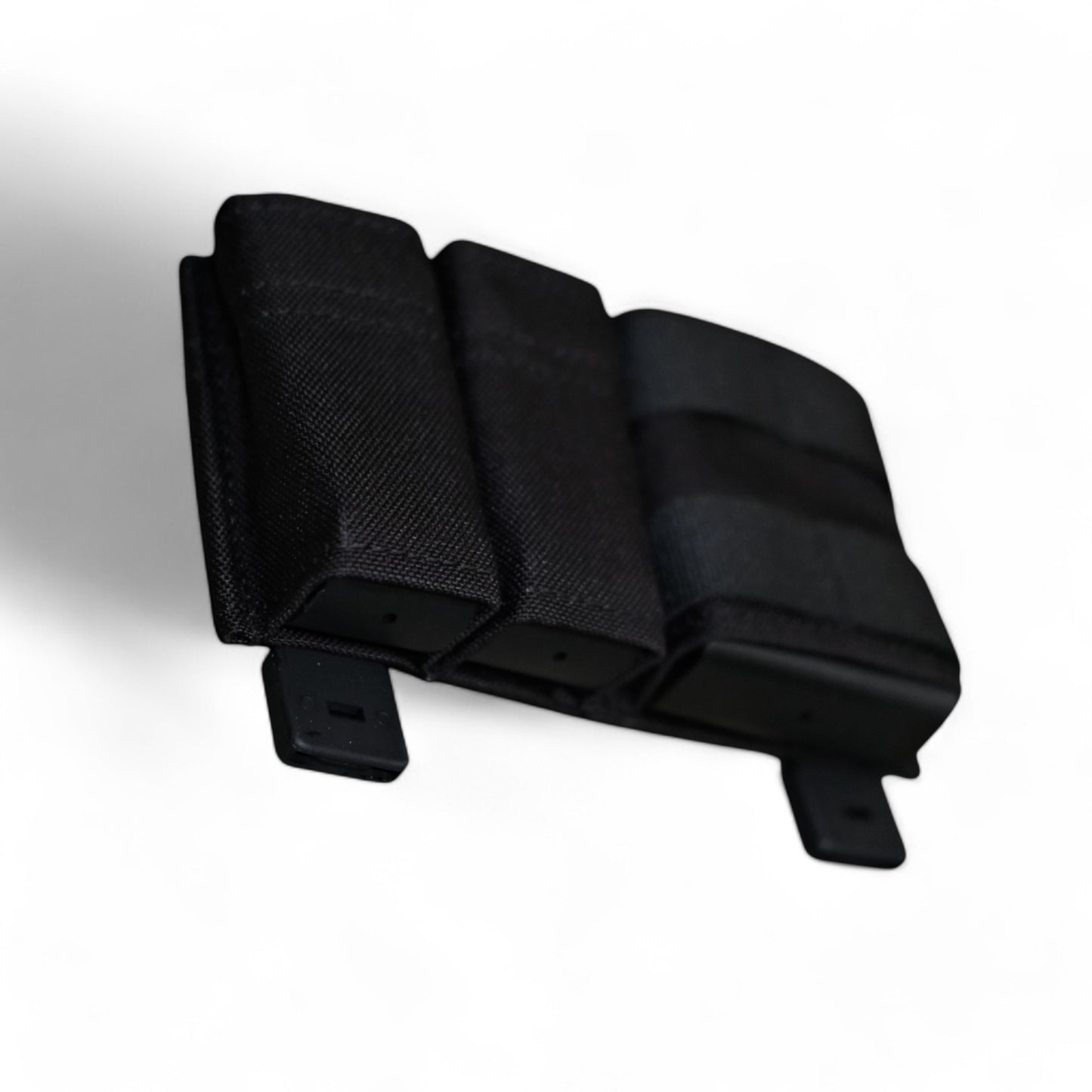 TLLP Triple Mag Pouch in Black. Low-profile pistol magazine pouch combo 2 Pistol & 1 AR. Bottom Angled Perspective showcasing TPR inserts, and the visible drainage holes.