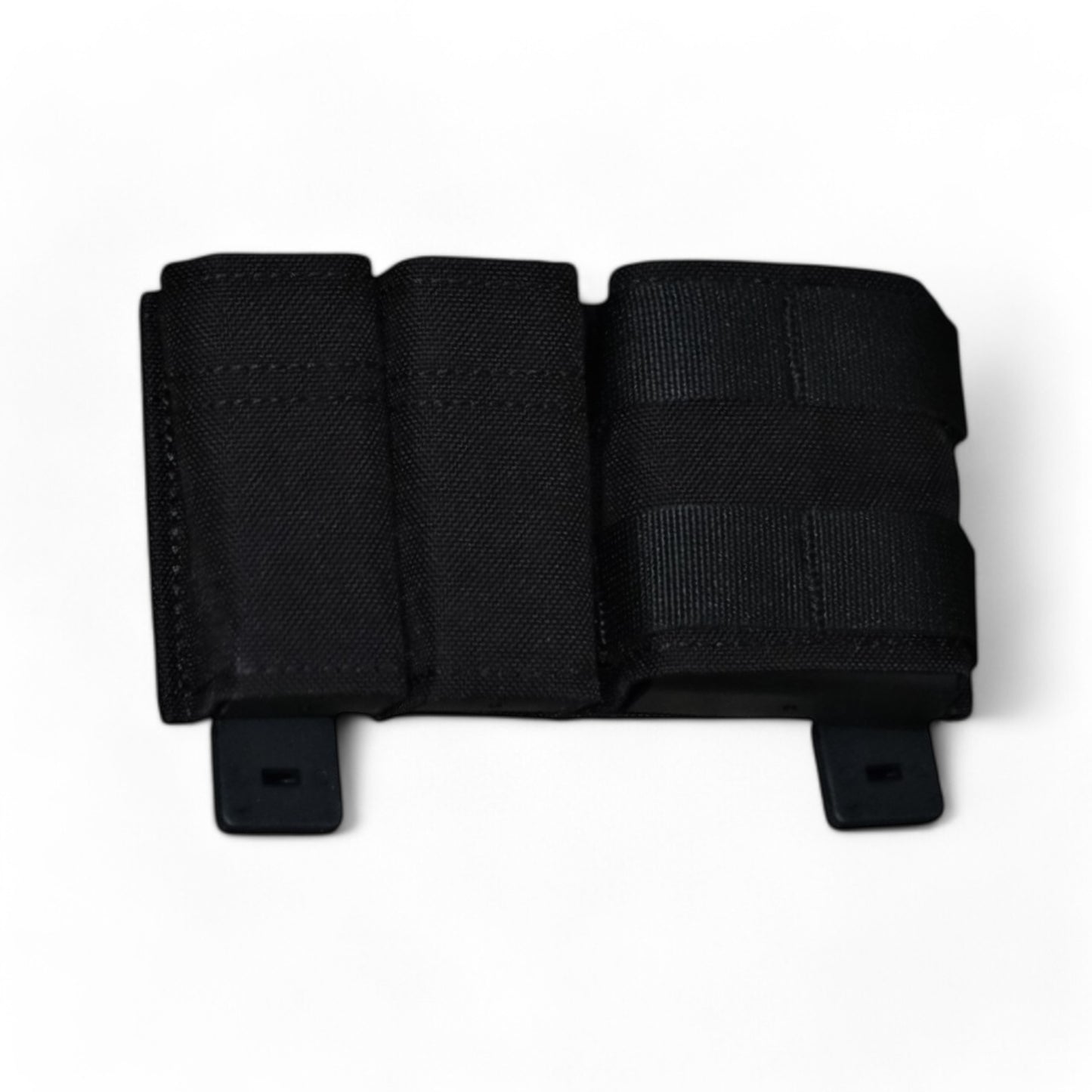 TLLP Triple Mag Pouch in Black. Low-profile pistol magazine pouch combo 2 Pistol & 1 AR. Front Bottom Angled Perspective.