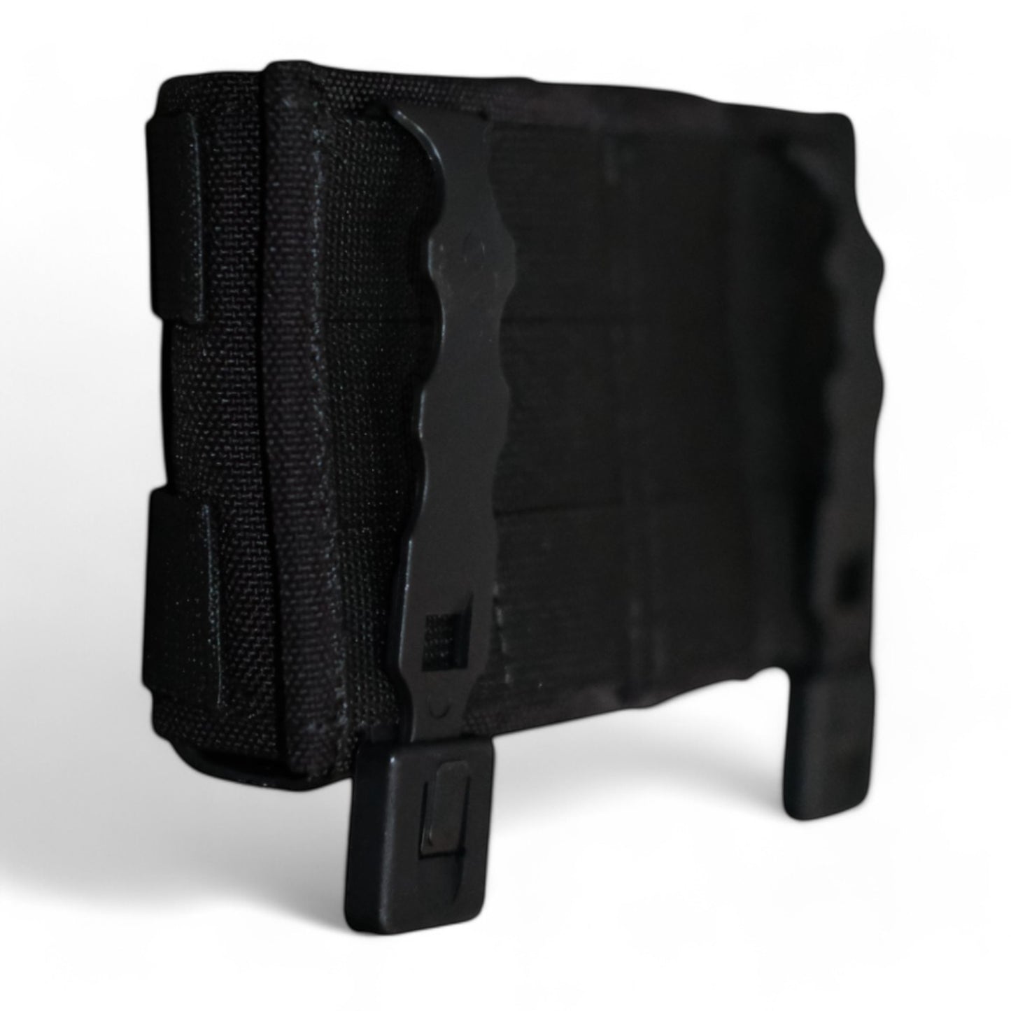 TLLP Triple Mag Pouch in Black. Low-profile pistol magazine pouch combo 2 Pistol & 1 AR. Back Angled Perspective showcasing the polymer MOLLE Weavers