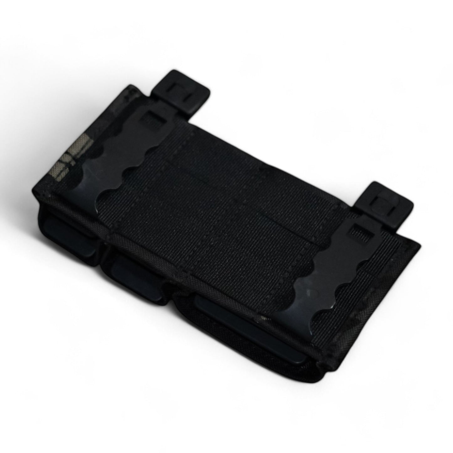 TLLP Triple Mag Pouch in Black Multi Camouflage (Similar to Black Multicam). Low-profile pistol magazine pouch combo 2 Pistol & 1 AR. Back perspective showcasing polymer MOLLE Weavers