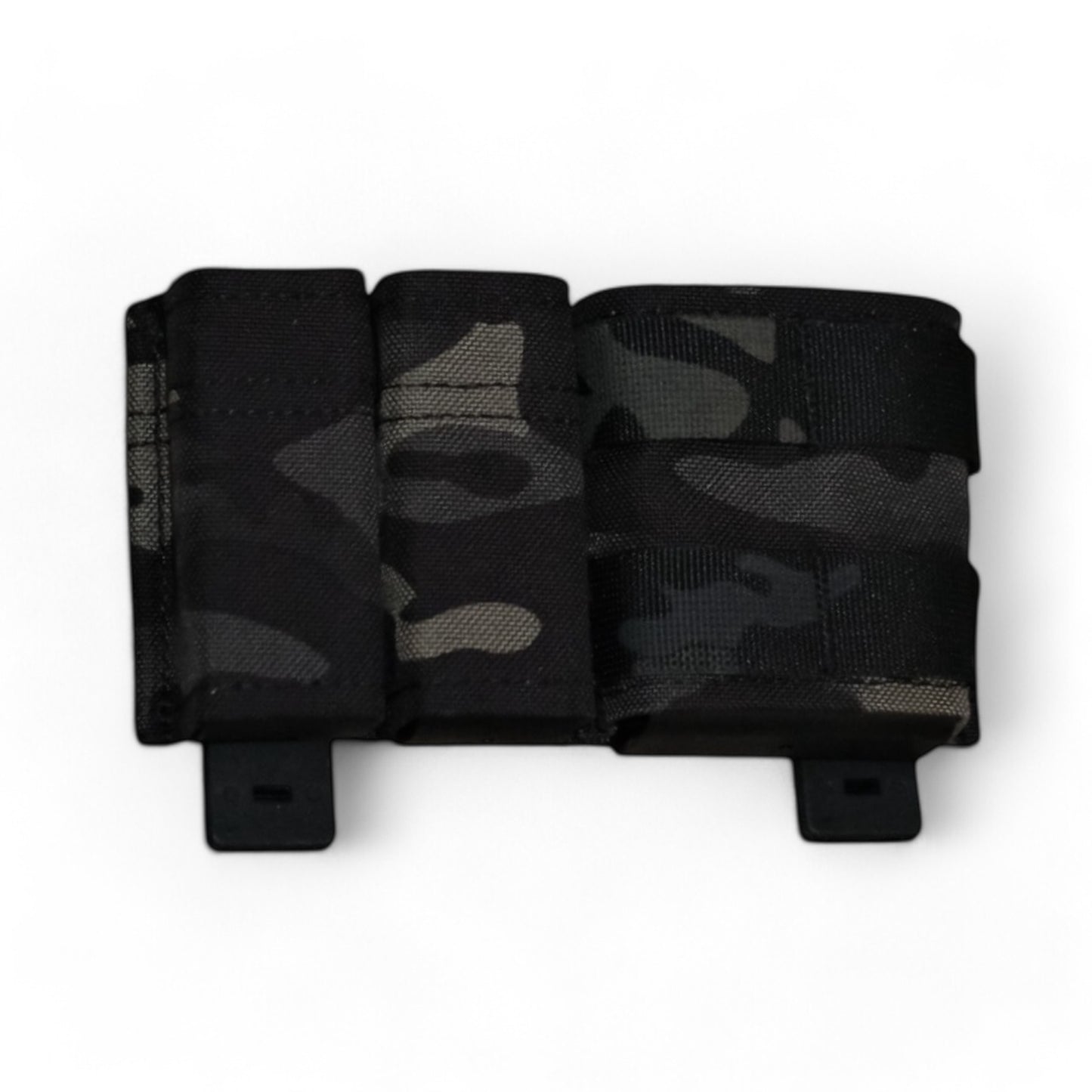 TLLP Triple Mag Pouch in Multi Camouflage Black Multi Camouflage (Similar to Black Multicam). Low-profile pistol magazine pouch combo 2 Pistol & 1 AR. Front Bottom Angled Perspective.