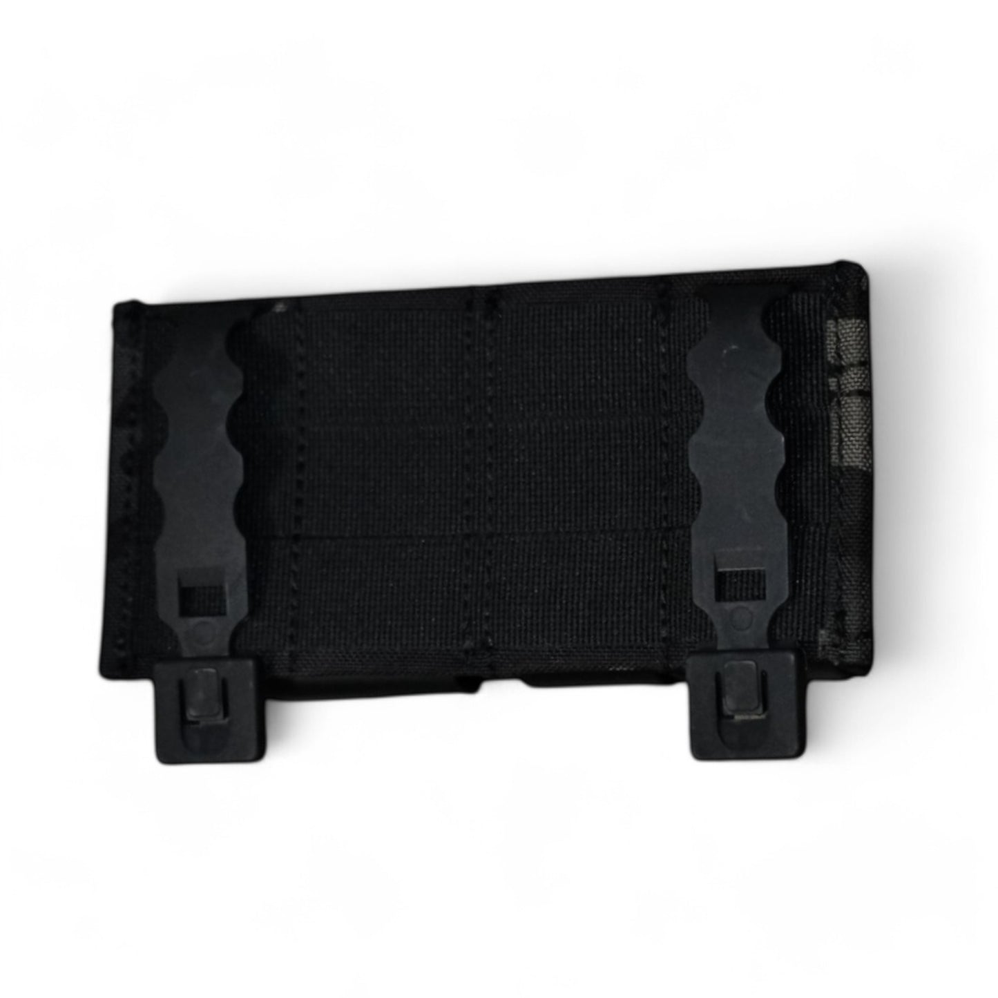 TLLP Triple Mag Pouch in Black Multi Camouflage (Similar to Black Multicam). Low-profile pistol magazine pouch combo 2 Pistol & 1 AR. Back Perspective showcasing the polymer MOLLE Weavers