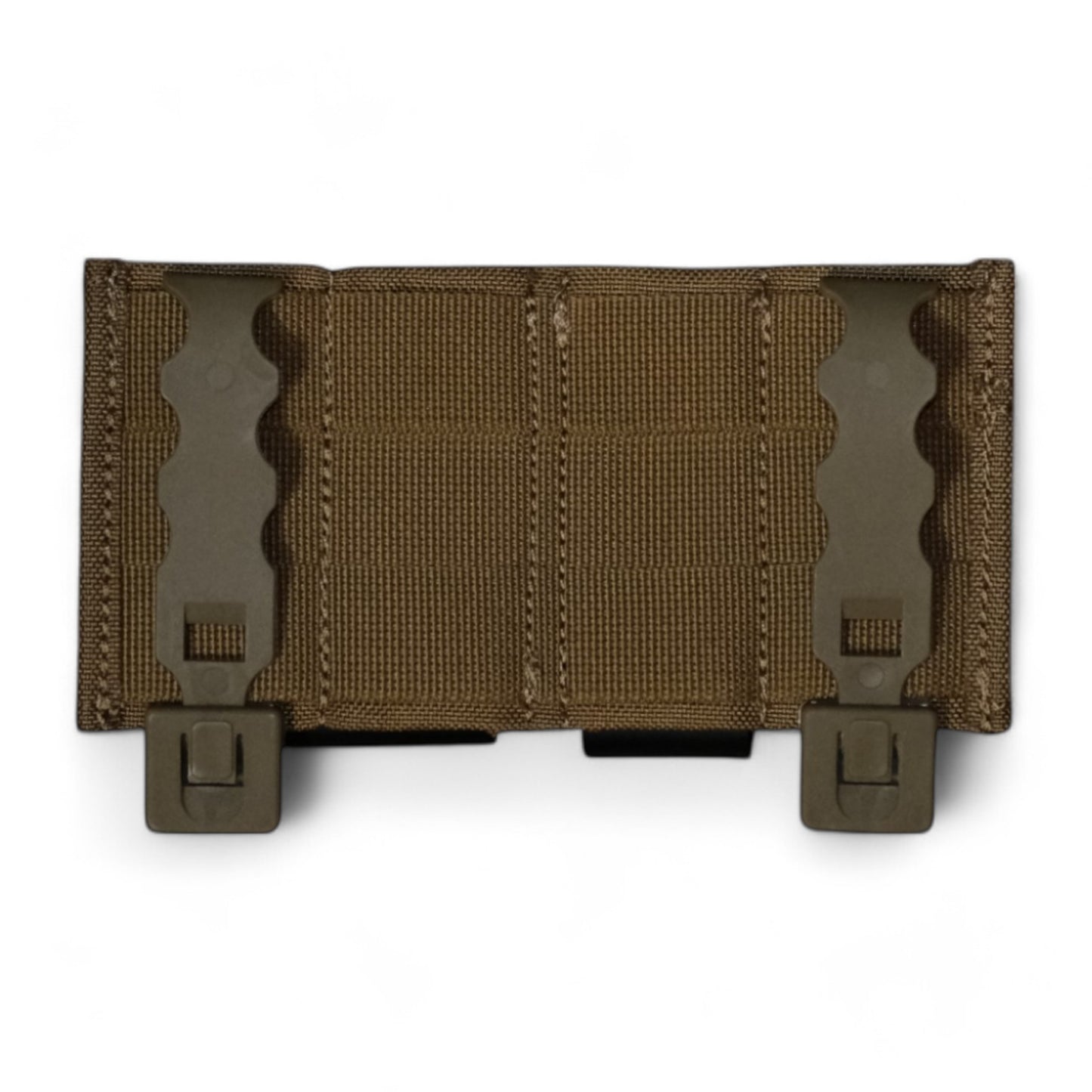 TLLP Triple Mag Pouch in Coyote Brown. Low-profile pistol magazine pouch combo 2 Pistol & 1 AR. Back Perspective showcasing the polymer MOLLE Weavers