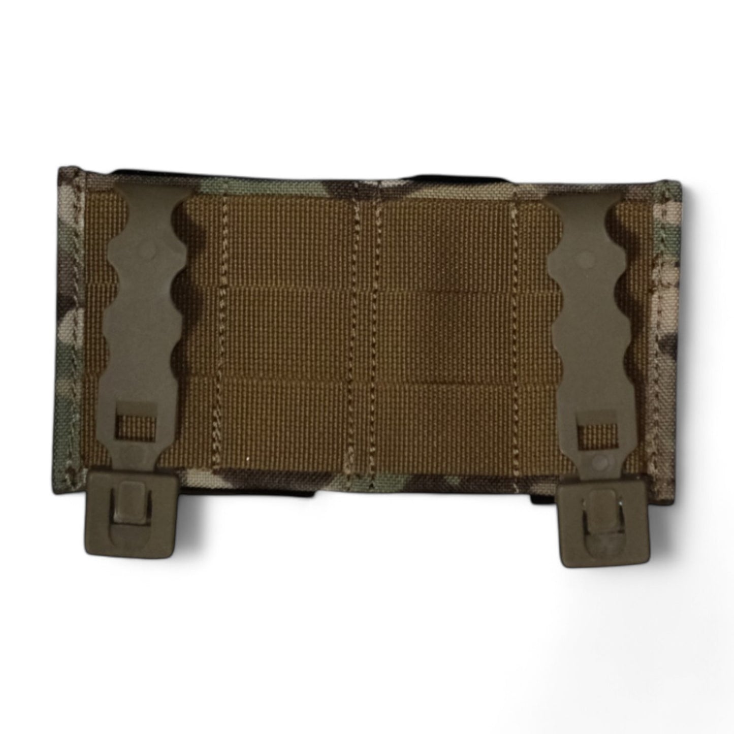 TLLP Triple Mag Pouch in Multi Camouflage (Similar to OCP and Multicam. Low-profile pistol magazine pouch combo 2 Pistol & 1 AR. Back Perspective showcasing the polymer MOLLE Weavers