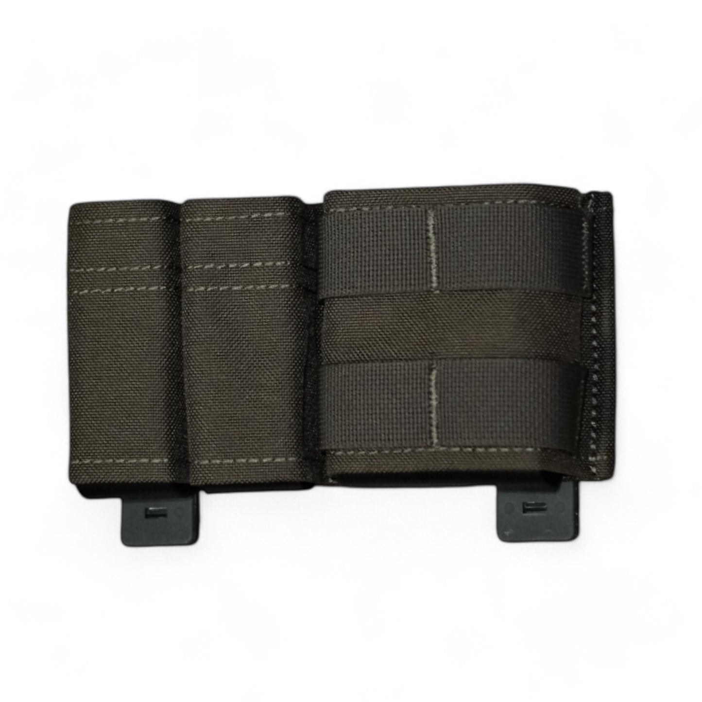 TLLP Triple Mag Pouch in Ranger Green. Low-profile pistol magazine pouch combo 2 Pistol & 1 AR. Slight Angled perspective.