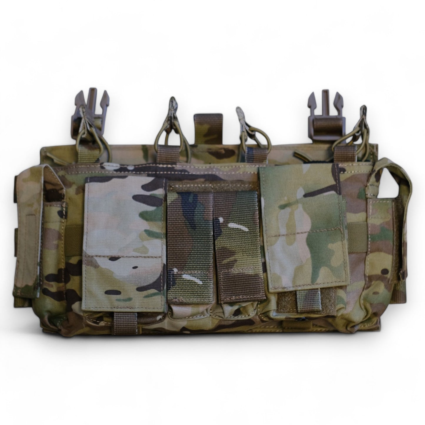 TRIPPS: Tactical Rig Interceptor Placard Panel System in Multicam pattern, showcasing multiple pouches and attachment points designed for versatile tactical gear organization.