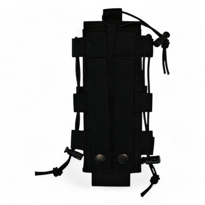 ESP Tactical Utility Pouch for storing Radios and Water Bottles with its Expandable Storage Pouch. From the Back Showing the MOLLE. ESP in color Tactical Black