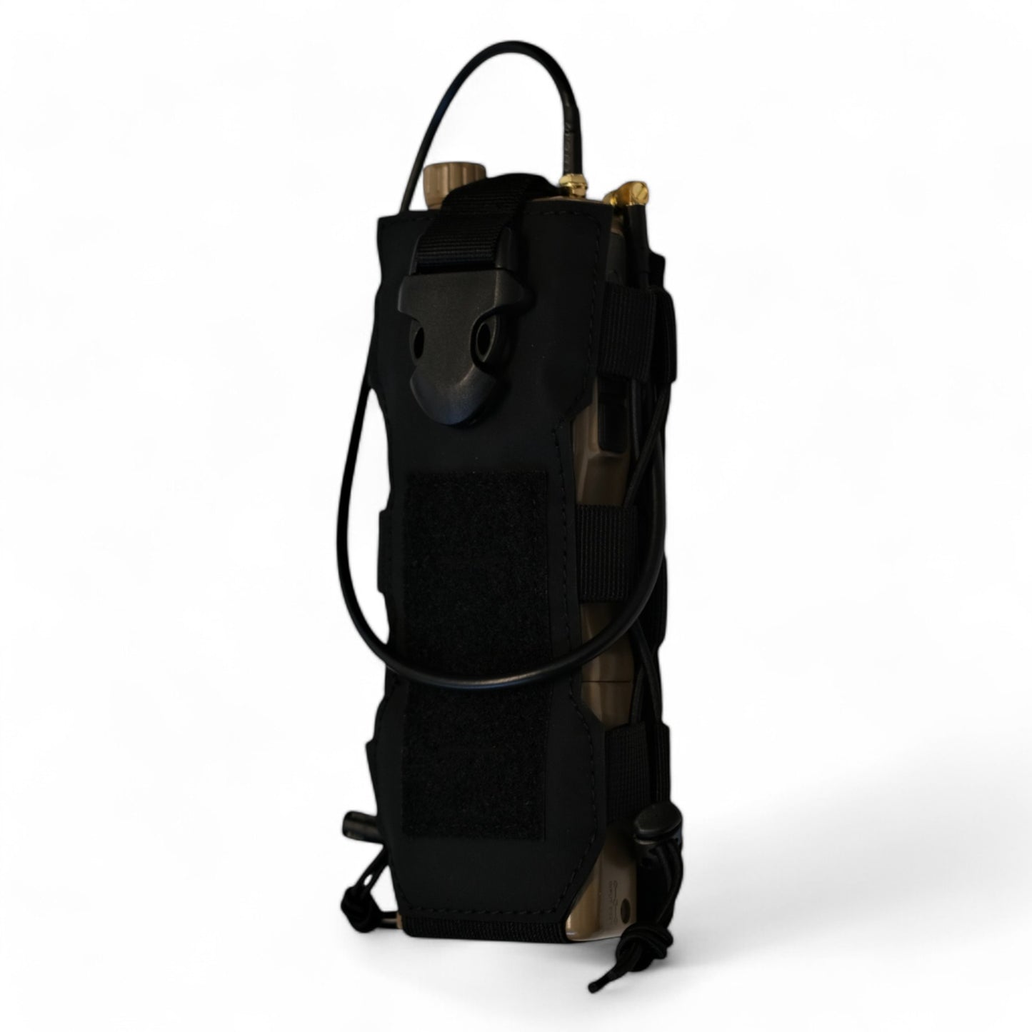 ESP Tactical Utility Pouch for storing Radios and Water Bottles with its Expandable Storage Pouch with a Military Sized Radio Showcasing Use. ESP in color Tactical Black