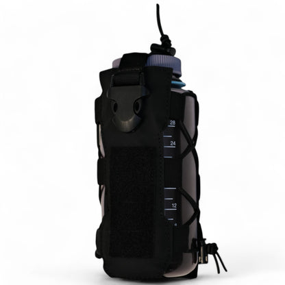 ESP Tactical Utility Pouch for storing Radios and Water Bottles with its Expandable Storage Pouch with a 32oz Water Bottle Showcasing Use. ESP in color Tactical Black