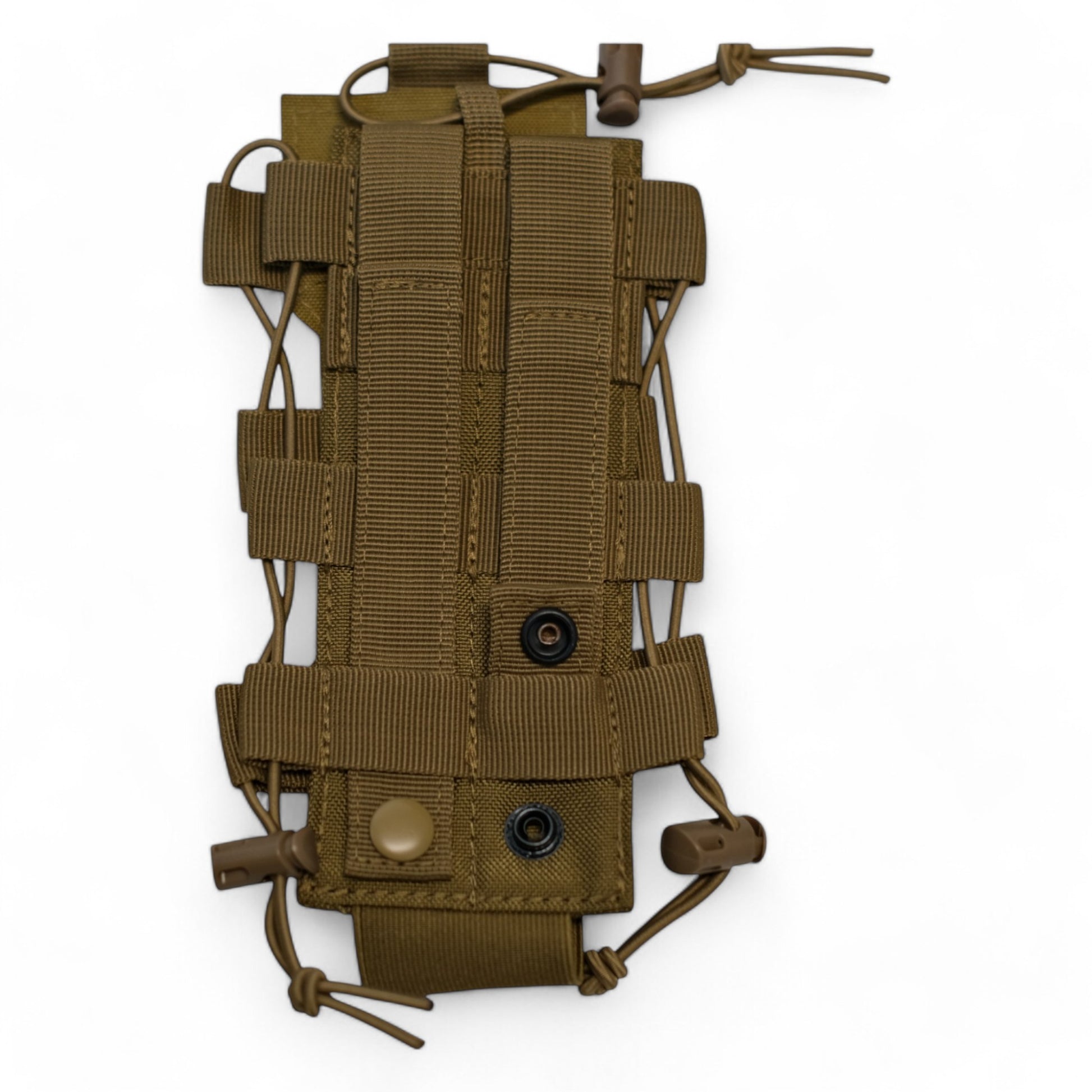 ESP Tactical Utility Pouch for storing Radios and Water Bottles with its Expandable Storage Pouch. From the Back Showing the MOLLE. ESP in color Coyote Brown