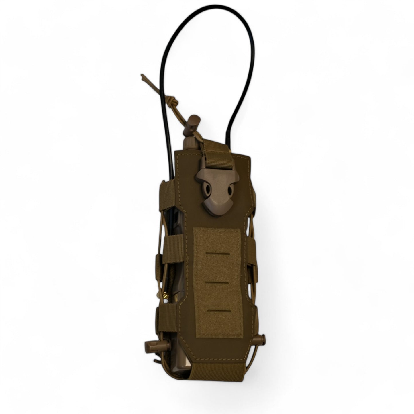 ESP Tactical Utility Pouch for storing Radios and Water Bottles with its Expandable Storage Pouch with a Military Sized Radio Showcasing Use. ESP in color Coyote Brown