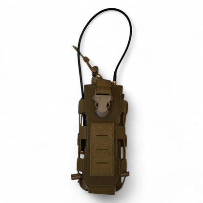 ESP Tactical Utility Pouch for storing Radios and Water Bottles with its Expandable Storage Pouch with a Military Sized Radio Showcasing Use. ESP in color Coyote Brown