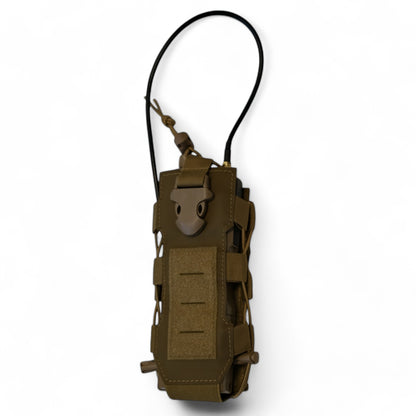 ESP Tactical Utility Pouch for storing Radios and Water Bottles with its Expandable Storage Pouch with a Military Sized Radio Showcasing Use. ESP in color Coyote Brown