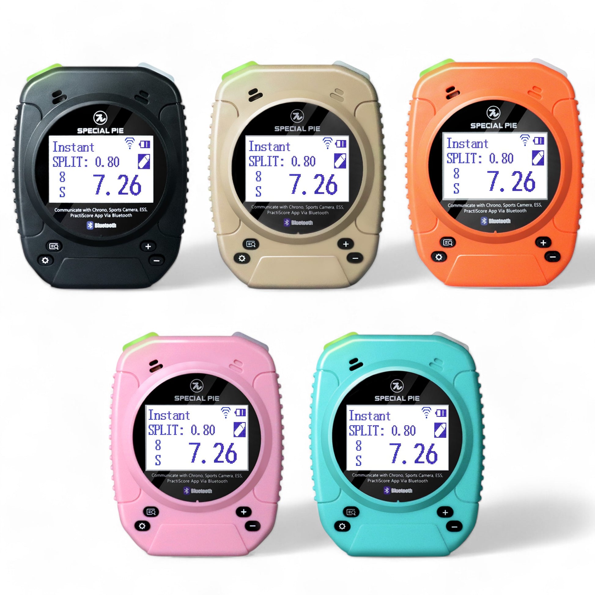 Set of M1A2-W+ Firearm Shot Timers in multiple colors: black, pink, orange, light blue, and beige, showcasing a digital screen with split time and shot data, designed for Bluetooth connectivity and shooting practice.