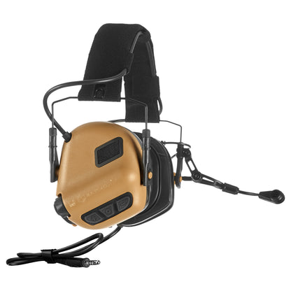 M32 PLUS Tactical Headset in Coyote Brown, featuring a flexible boom microphone, durable construction, padded headband for comfort, and NATO-standard MIL-STD U-174 connector for seamless communication.