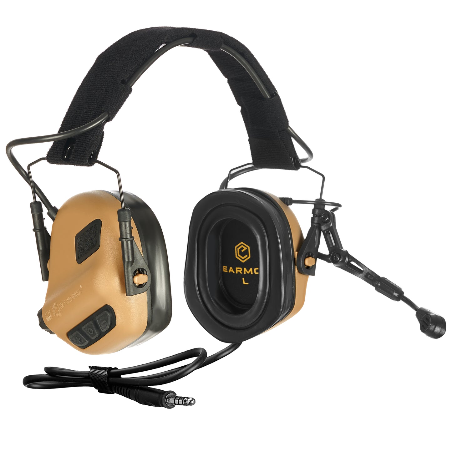 M32 PLUS Coyote Brown headset featuring NATO Standard MIL-STD U-174 military-standard connector (NATO) with PTT wiring, gel ear cups for enhanced comfort, and a flexible boom microphone for clear communication in tactical environments.