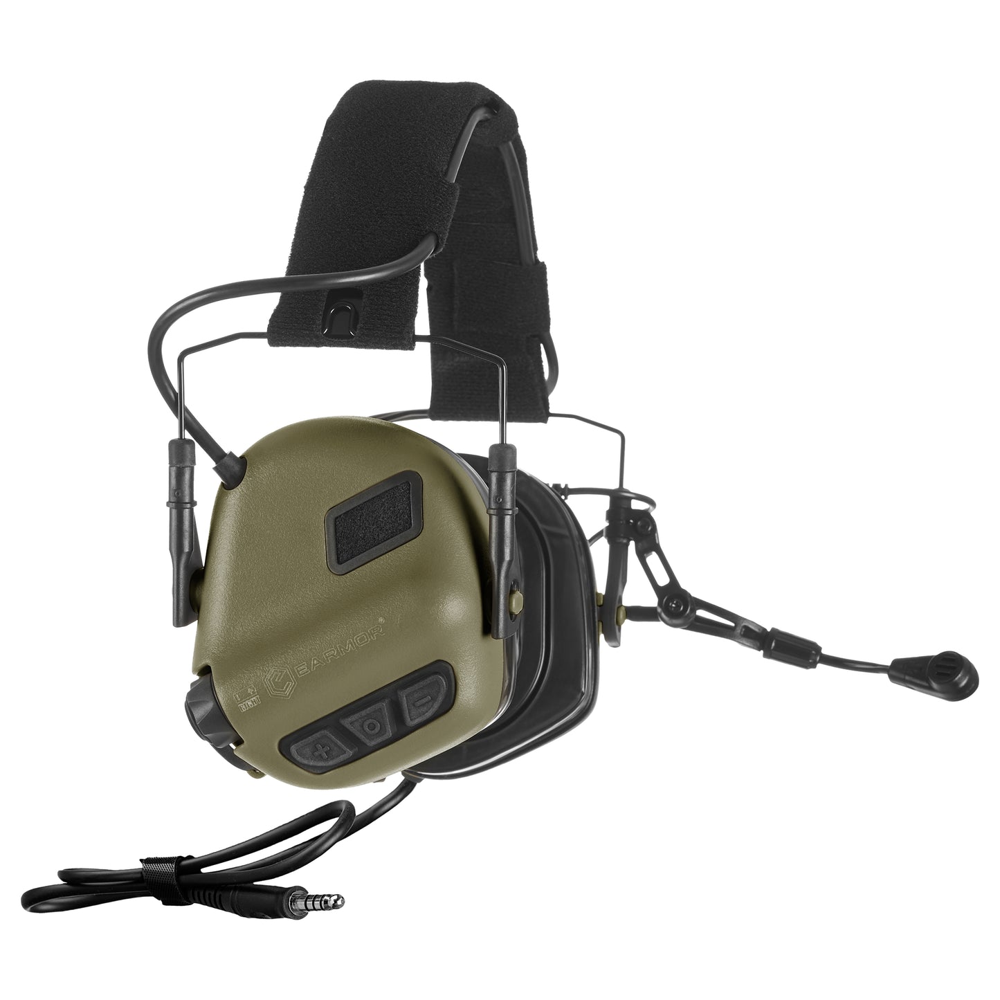 M32 PLUS Tactical Headset in foliage green, featuring a flexible boom microphone, durable construction, padded headband for comfort, and NATO-standard MIL-STD U-174 connector for seamless communication.