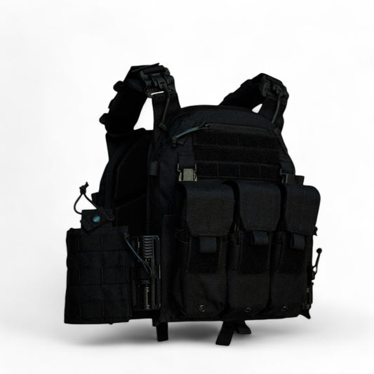 RED OpTec AMPC: Advanced Modular Plate Carrier in black, featuring a front panel with triple mag pouches, MOLLE webbing for modular attachments, quick-release buckles, and side-mounted utility storage.