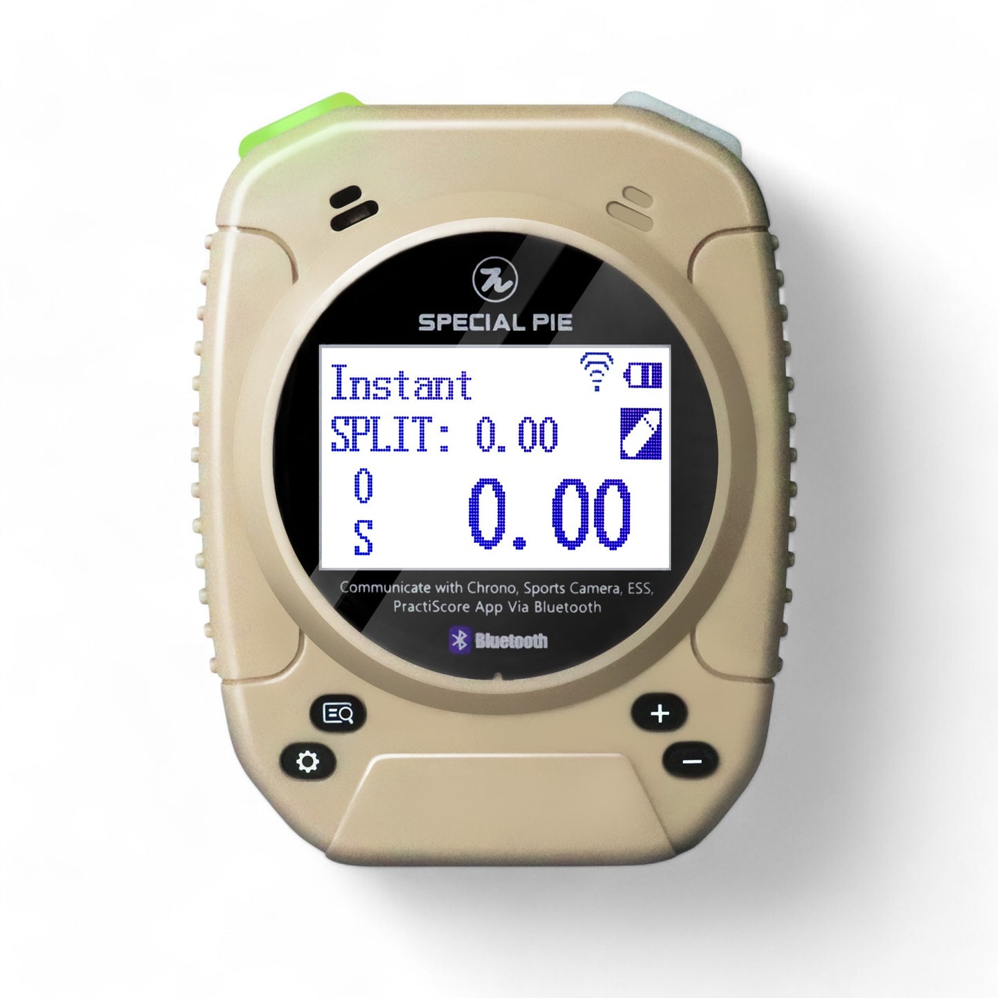 Special Pie Technology M1A2-W+ Firearm Shot Timer in khaki color, featuring a digital display showing split and total time, with Bluetooth connectivity and control buttons for shooting practice and competition use
