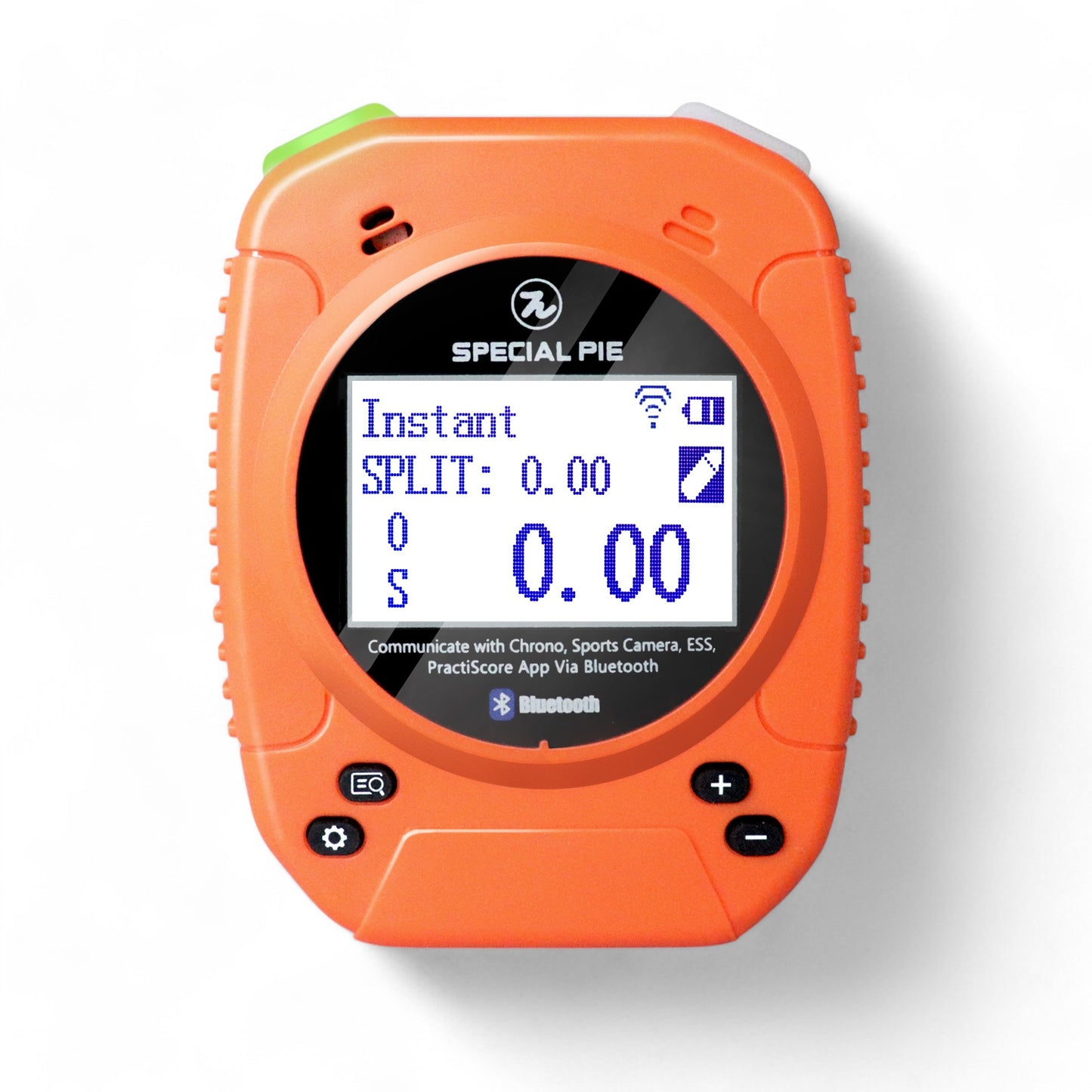 Special Pie Technology M1A2-W+ Firearm Shot Timer in Orange color, featuring a digital display showing split and total time, with Bluetooth connectivity and control buttons for shooting practice and competition use