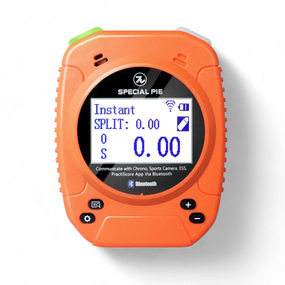 Special Pie Technology M1A2-W+ Firearm Shot Timer in Orange color, featuring a digital display showing split and total time, with Bluetooth connectivity and control buttons for shooting practice and competition use