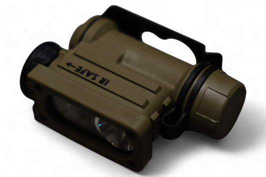 Streamlight® Sidewinder Military Compact® II Hands-Free Light, side view highlighting the 'IR SAFE' marking, durable khaki body, and integrated clip for hands-free functionality.