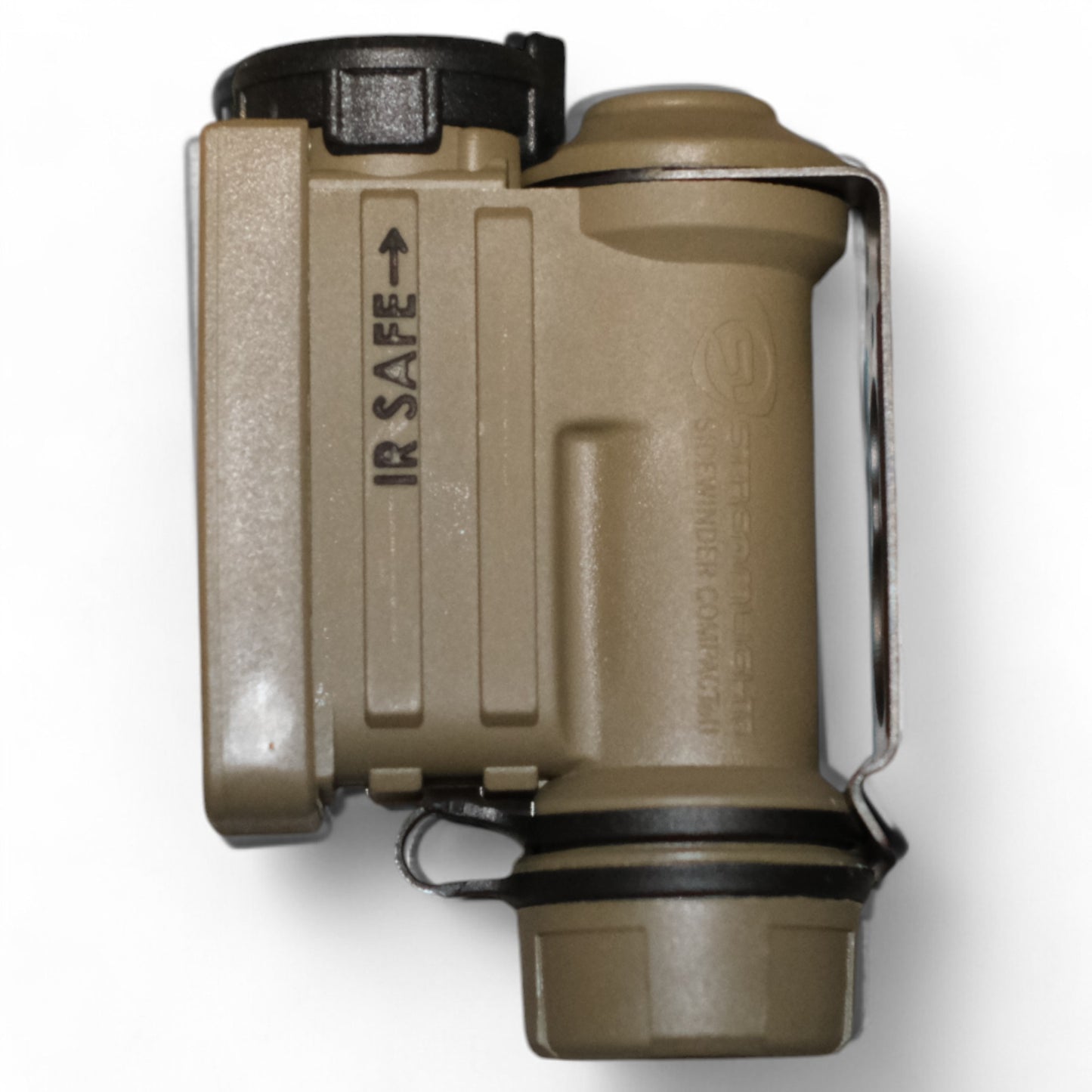 Streamlight® Sidewinder Military Compact® II Hands-Free Light, back view, showcasing its compact design, durable construction, and 'IR SAFE' marking for infrared compatibility.