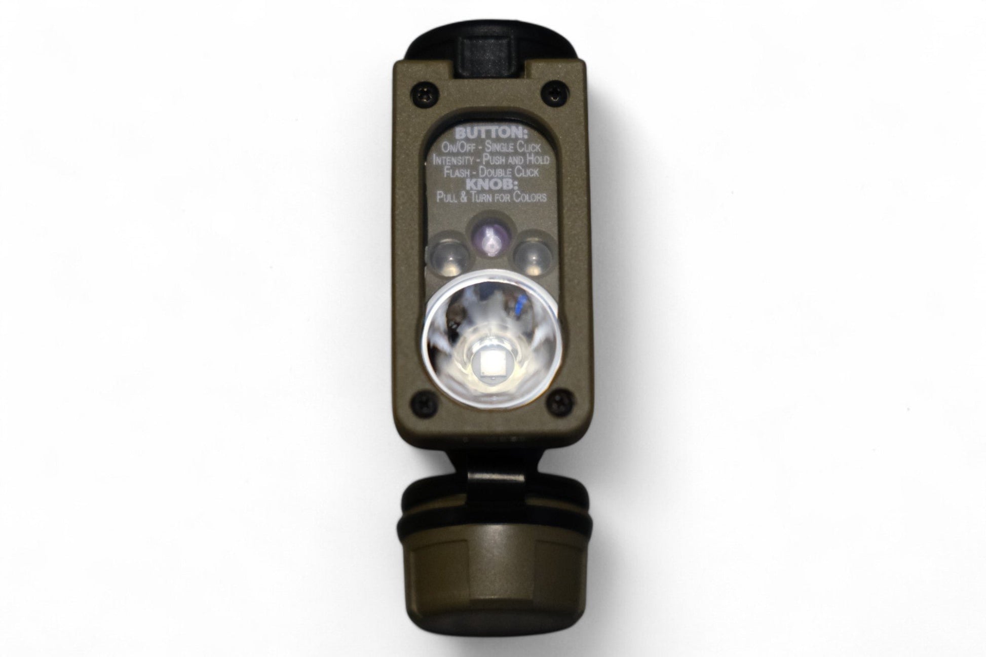 Streamlight® Sidewinder Military Compact® II Hands-Free Light, vertical front view, highlighting the LED lens, operational instructions for button and knob controls, and durable khaki housing.