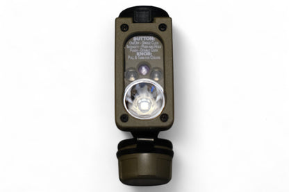 Streamlight® Sidewinder Military Compact® II Hands-Free Light, vertical front view, highlighting the LED lens, operational instructions for button and knob controls, and durable khaki housing.