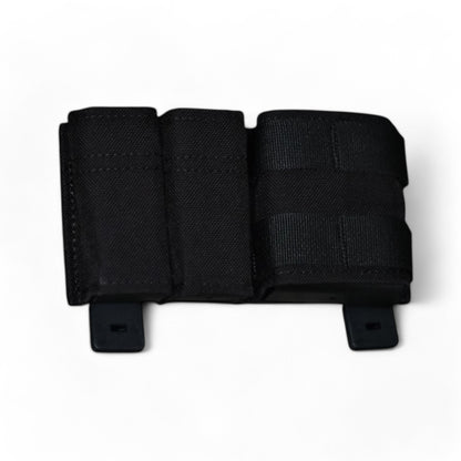 TLLP Triple Mag Pouch in Black.  Low-profile pistol magazine pouch combo 2 Pistol & 1 AR.  Front Bottom Angled Perspective.