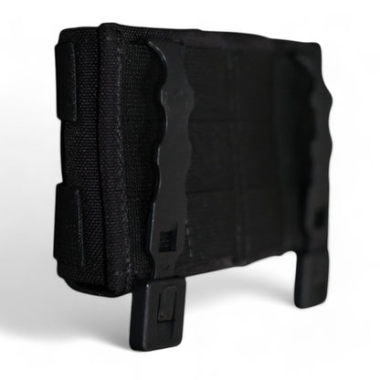 TLLP Triple Mag Pouch in Black.  Low-profile pistol magazine pouch combo 2 Pistol & 1 AR.  Back Angled Perspective showcasing the polymer MOLLE Weavers