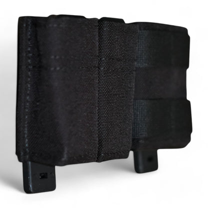 TLLP Triple Mag Pouch in Black.  Low-profile pistol magazine pouch combo 2 Pistol & 1 AR.  Front Angled Perspective.