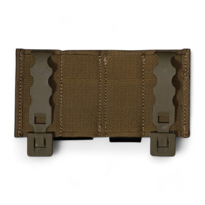 TLLP Triple Mag Pouch in Coyote Brown.  Low-profile pistol magazine pouch combo 2 Pistol & 1 AR.  Back Perspective showcasing the polymer MOLLE Weavers