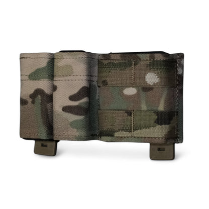 TLLP Triple Mag Pouch in Multi Camouflage (Similar to OCP and Multicam).  Low-profile pistol magazine pouch combo 2 Pistol & 1 AR.  Front Angled Perspective.