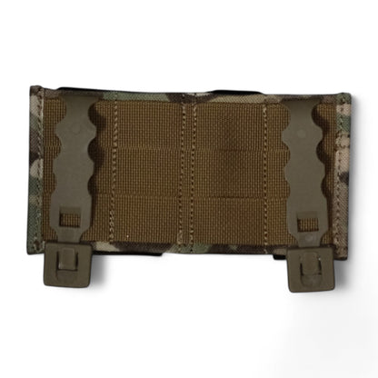 TLLP Triple Mag Pouch in Multi Camouflage (Similar to OCP and Multicam. Low-profile pistol magazine pouch combo 2 Pistol & 1 AR.  Back Perspective showcasing the polymer MOLLE Weavers