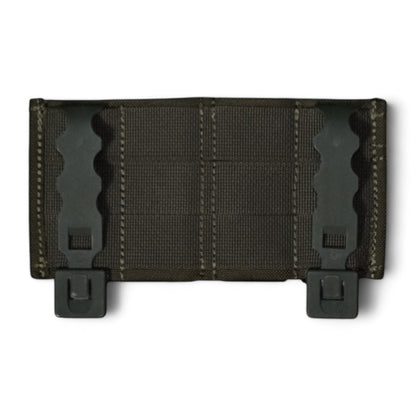 TLLP Triple Mag Pouch in Ranger Green.  Low-profile pistol magazine pouch combo 2 Pistol & 1 AR.  Back Perspective showcasing the polymer MOLLE Weavers