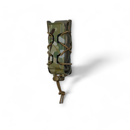 Tac-HPPS: Hard Pistol Magazine Pouch in Multicam pattern, front side angle, displaying its profile without a magazine, durable polymer build, and adjustable retention cord for secure magazine storage.