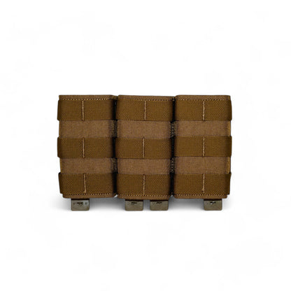 Tacti-Lok Triple Quick Mag Pouch in Coyote Brown, designed for secure and rapid access to three AR-15 Styled magazines(e.g., AR-15, AUG, M4), featuring MOLLE webbing for modular attachment and durable construction.