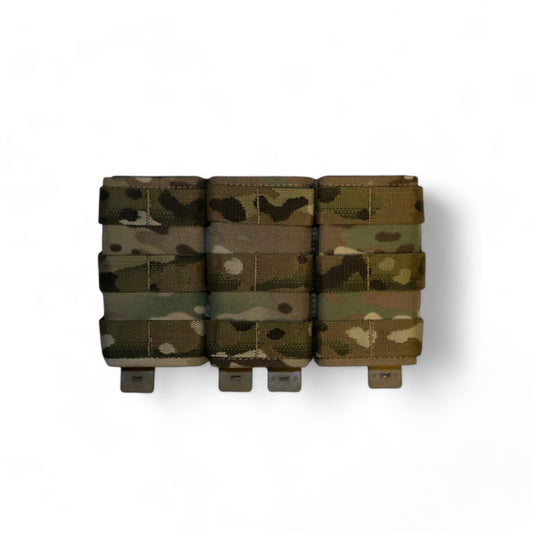 Tacti-Lok Triple Quick Mag Pouch in Multicam pattern, designed for secure and rapid access to three AR-15 Styled magazines(e.g., AR-15, AUG, M4), featuring MOLLE webbing for modular attachment and durable construction.