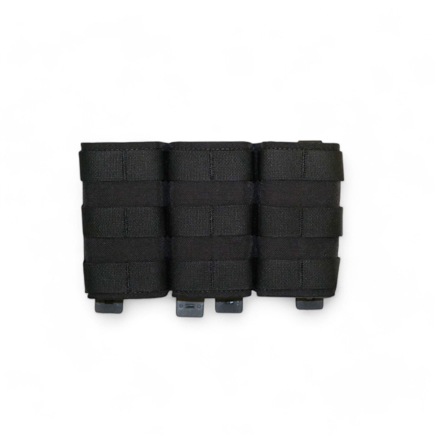 Tacti-Lok Triple Quick Mag Pouch in Tactical Black, designed for secure and rapid access to three AR-15 Styled magazines(e.g., AR-15, AUG, M4), featuring MOLLE webbing for modular attachment and durable construction.
